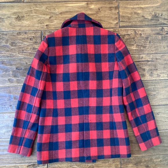 J. Crew sz 4 Wool Blend Red & Navy Buffalo Check Plaid Peacoat Winter Holiday - Picture 2 of 11